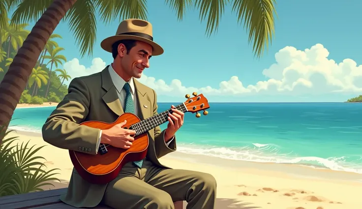 1934; (masterpiece, best quality, broad view) man playing ukulele on the street(Avai beach)
