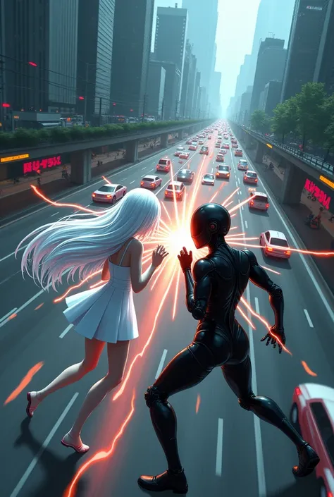 The image is 2d anime style with shadows and dim lights, anime style although somewhat adult and dark, It shows a scene of the roads of a futuristic city.. in it, between the vehicles, They are fighting an albino with long white hair, who wears a short whi...