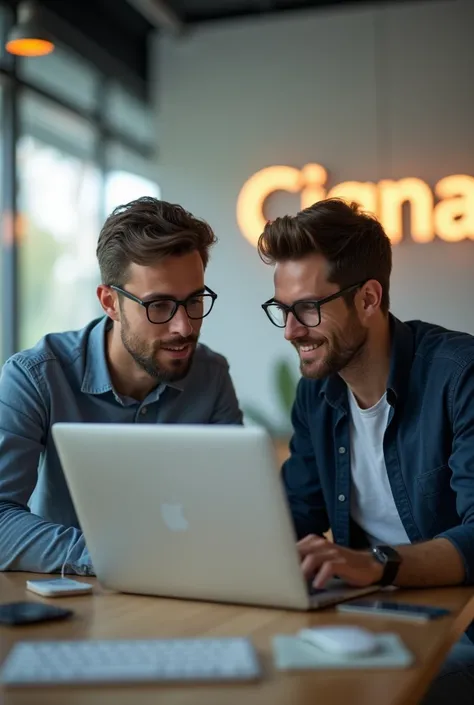 Two young male people working on an Apple Mac in an office, with a Cigna Healthcare logo on the wall behind them, only one of them wearing glasses.