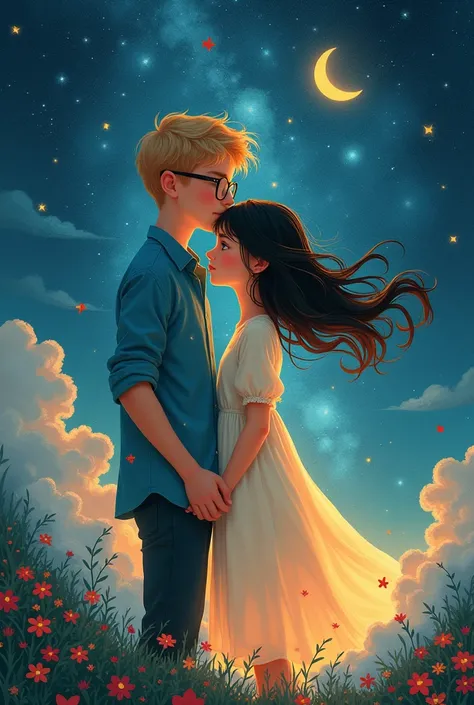 Romance book cover, with the name Flow of time Young adult couple Blond boy, girl with black hair Both wear glasses Background with universe
