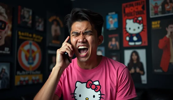 original photo. The young man face of Indonesia. wearing a pink Hello Kitty t-shirt with an angry expression on the phone. in a room designed in black, rock music style. many posters like nirvana and metallica Ultra-realistic 8K photos, taken with Leica Q2...