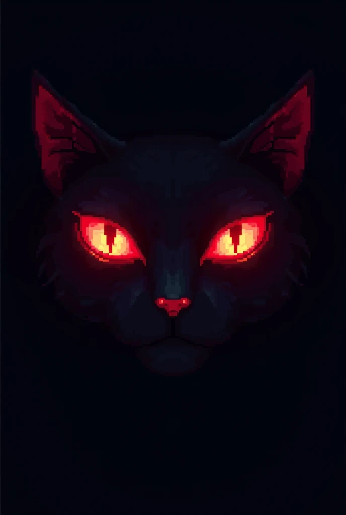 Create an image in 8-bit style focusing exclusively on a pair of demonic red cat eyes. The eyes should be intensely glowing with a piercing, malevolent gaze. They should be sharp, angular, and cat-like, with a dark, shadowy background to emphasize their si...