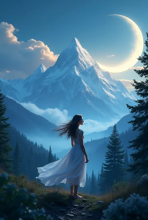 Draw a beautiful slender girl in the fabulous taiga of the Altai Mountains against the backdrop of the moon and clouds