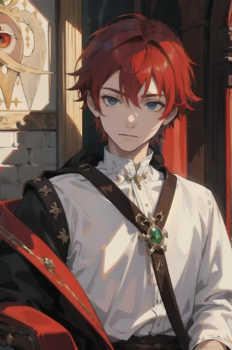 masterpiece, best quality, 1 man, incomplete growth, rich medieval clothing, Red hair, Right eye red, The left eye is green