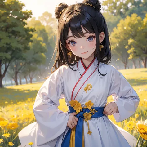 A chibi child girl had a small face and Wearing white little Taoist priests outfit. A pair of big round eyes shone with curiosity about him. This child was so cute! ,her hair is black with two buns on her hair.small chibi, chibi baby, smiling,The little ch...