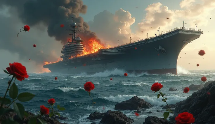 2024 broad view(masterpiece, best quality) destroyed sea; Navy aircraft carrier sinking; fire everywhere; Red roses falling into the sea.