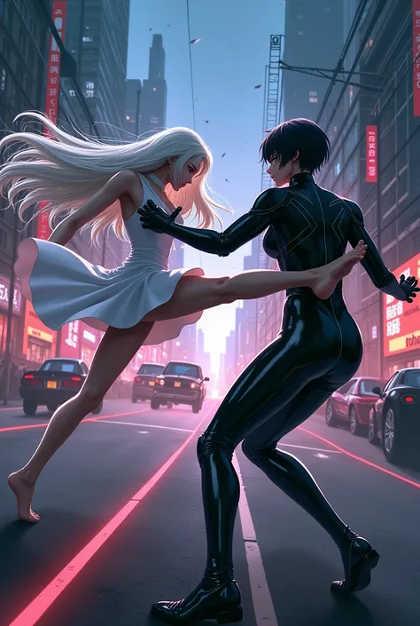 The image is anime style with shadows and dim lights, anime style although somewhat adult and dark, It shows a scene of the roads of a futuristic city.. in it, between the vehicles, They are fighting an albino with long white hair, who wears a short white ...