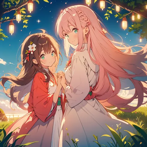 Snowdrop、A young girl with light pink hair and scarlet eyes、A girl with long dark brown hair and green eyes、Snowdropの花畑、Symmetrical、Back to Back、smile、Fantasy、dusk、Starry Sky、grassland、Holding hands、Reunion、A young girl with short light pink hair and scarl...