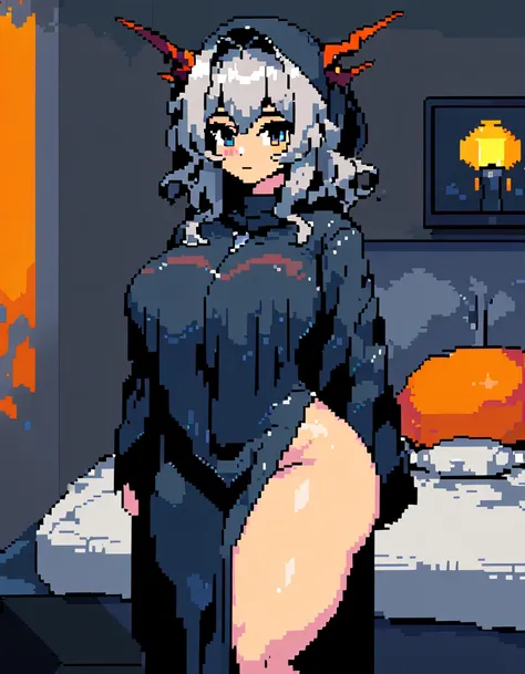 Talulah(Arknights),grey hair,dragon horn,curvy body,fit figure, oversized headscarf,wearing oversized clothes(Muslim attire),bedroom, night setting, blackout hour,close view,very nsfw, uncensored,((pixel art style)),