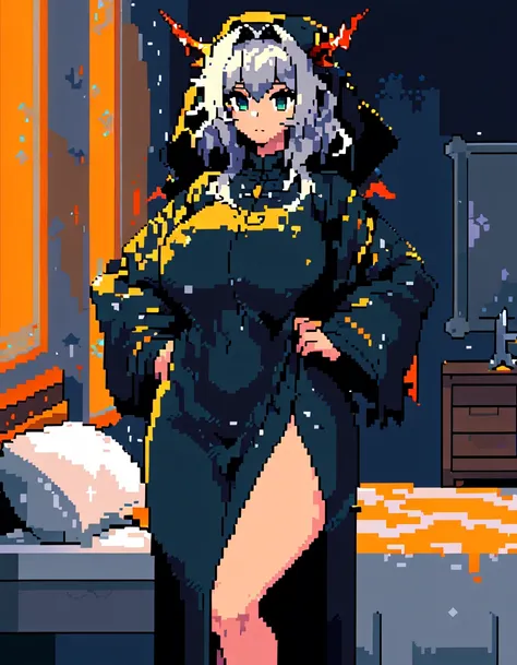 Talulah(Arknights),grey hair,dragon horn,curvy body,fit figure, oversized headscarf,wearing oversized clothes(Muslim attire),bedroom, night setting, blackout hour,close view,very nsfw, uncensored,((pixel art style)),