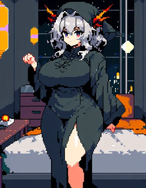 Talulah(Arknights),grey hair,dragon horn,curvy body,fit figure, oversized headscarf,wearing oversized clothes(Muslim attire),bedroom, night setting, blackout hour,close view,very nsfw, uncensored,((pixel art style)),