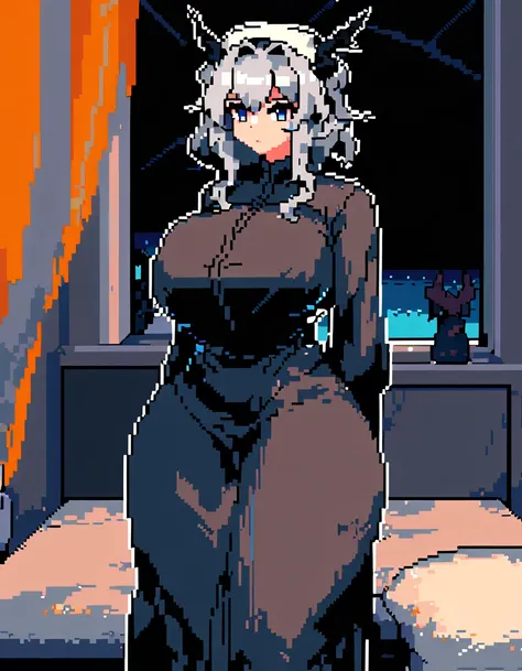 Talulah(Arknights),grey hair,dragon horn,curvy body,fit figure, oversized headscarf,wearing oversized clothes(Muslim attire),bedroom, night setting, blackout hour,close view,very nsfw, uncensored,((pixel art style)),