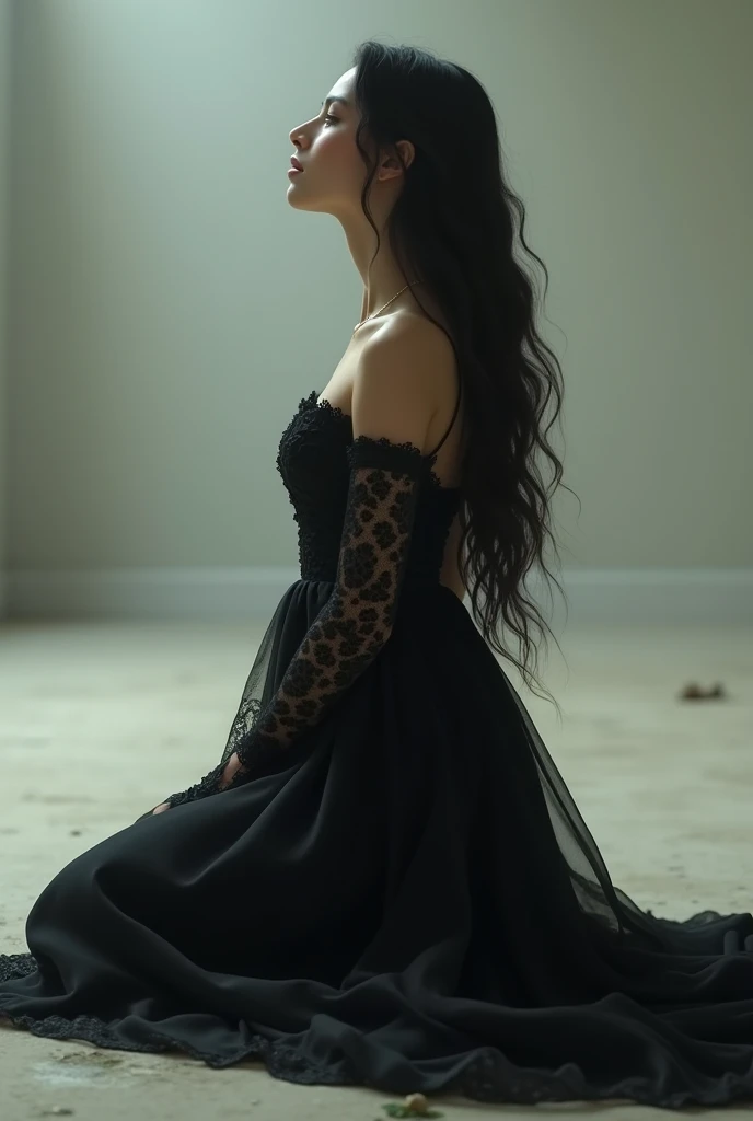 Beautiful woman , long black dress kneeling praying to God 