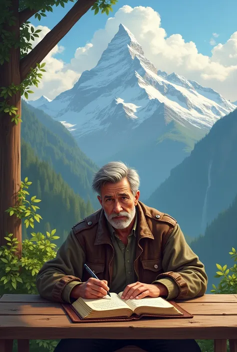 A man sitting on a table and writing in a book."If you are genuine then you will respect everyone" .The text is clearly visible l. In background,there is a beautiful view of mountains and green scene.