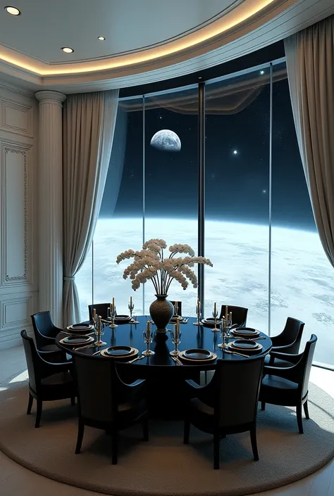 real photo taken in a house inside an alien spaceship flying over the moon, a luxury room, moderno, large round black garden style table with 8 chairs with candelabras and vase of white orchids , wall with full glass sliding door on the entire wall with a ...