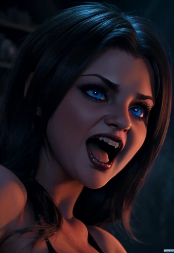 Vamp, open mouth with fangs , huge, horror ,blood,  Beautiful face detailed perfectly with blue eyes and big tits, high resolution wallpaper 