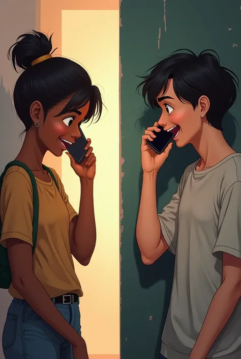 Create an image that on the right has a man talking in love on the phone, with black hair and casual clothes, then separated from the left by a wall, and on the left there is a young, friendly, dark-skinned woman, also talking. by phone.