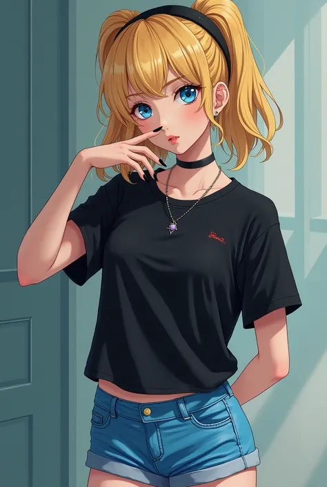 blonde girl with long black nails in a black t-shirt, in blue shorts with blue eyes 4k photo in anime style 