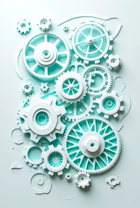 In the style of paper cut out and the combination of white and turquoise color of gear elements  About A diagram 
The image is 12 x 9
