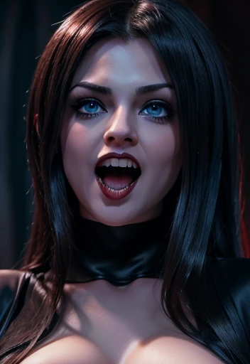 Vamp, open mouth with fangs , huge, horror ,blood,  Beautiful face detailed perfectly with blue eyes and big tits, high resolution wallpaper 