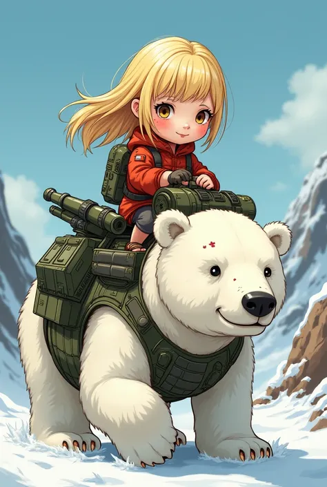 Cute blonde hand drawn animated girl haviing war scars all over her face and riding a war equipped polar bear
