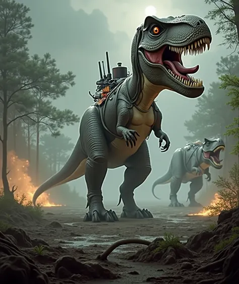 (masterpiece, top quality: 1.2), Realistic style, Super detail, Great lighting, (1 tyrannosaurus: 1.3), (High resolution:1.2),(​masterpiece、premium:1.2), un tyranosaurio, with turrets and machine guns mounted on its back, threatening, Sharp fangs, 