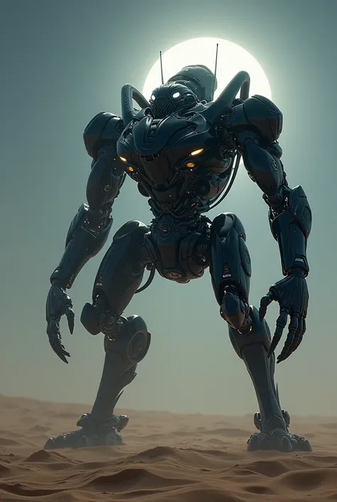 Black giant ant in transformers suit in the dessert in night