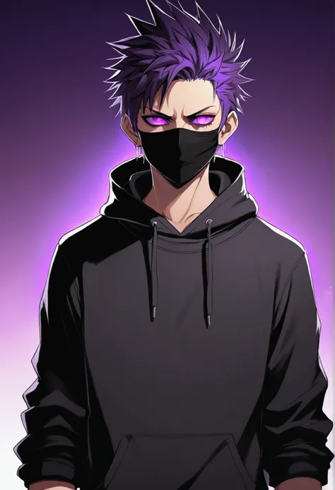 1 boy with purple glowing eyes and slightly spiky hair with an evil and intimidating look with a black sweatshirt and a black mask covering his nose and mouth , very intimidating ,2D Anime .