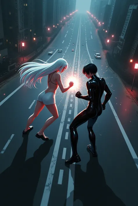 The image is anime style with shadows and dim lights, anime style although somewhat adult and dark, It shows a scene of the roads of a city. In the picture they are fighting an albino with long white hair, who wears a short white dress, against an android ...