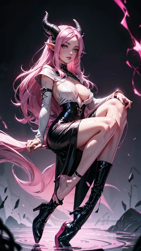 A beautiful pink-skinned woman pink as a demon Devil with pink skin with long black hair that goes all the way to the ground Make her like a sorceress in a setting filled with magic and mystery A character for medieval RPG She must be wearing medieval robe...