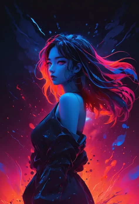 Vaporwave, 2d anime art illustratuon, moxin, ink splatters and bold brush lines, dark silhouette of a woman in a pitch black void, orange rim lighting gradually changing into red room lighting, eyes glowing with cold blue light, rising smoke, fever dream, ...