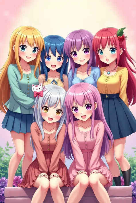 Create a group of 6 girls that are friends, they look straight into the camera and are close together in anime style