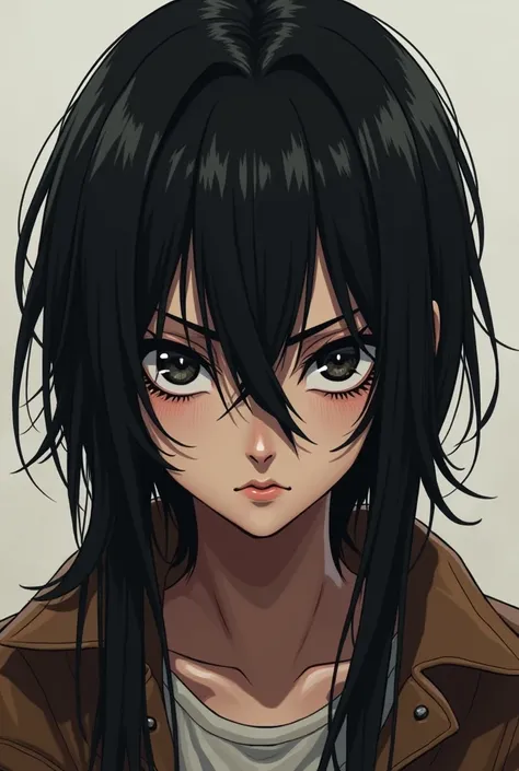 2d anime, Attack on titan Artstyle, female, grunge hair, piercing black eyes, fierce, badass, portrait, cool, aloof, hooded eyes
