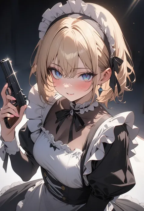 1girl, (Portrait of a beautiful maid girl), assassin maid, elegance, detailed beautiful face, (finely detailed beautiful eyes), (hold a handgun:1.4), cowboy shot, 
((very detailed, ultra-high resolution, absurdres, highres, masterpiece, best quality, very ...