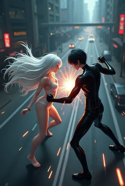 The image is anime style with shadows and dim lights, anime style although somewhat adult and dark, It shows a scene of the roads of a city. In the picture they are fighting an albino with long white hair, who wears a short white dress, against an android ...