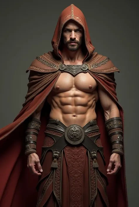 Handsome teen Kazakhstani man. Hero outfit color Brown. He wears a topless but theres like a cape and hood but make it heroic outfit. The cape and hood are extravagant. Brown reverse logo on her hero outfit. Topless Kazakhstani 