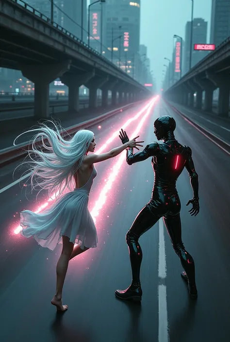 The image is anime style with shadows and dim lights, anime style although somewhat adult and dark, It shows a scene of the roads of a city. In the picture they are fighting an albino with long white hair, who wears a short white dress and has bare feet, a...