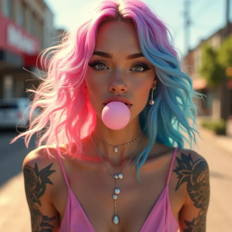 A natural white female, with long wavy pink n blue hair, tattoos, lashes, plump lips, flawless eyebrows, diamond chain, wearing a pink n blue dress, standing outside chewing bubble gum n blowing bubbles, while the sun shining on her