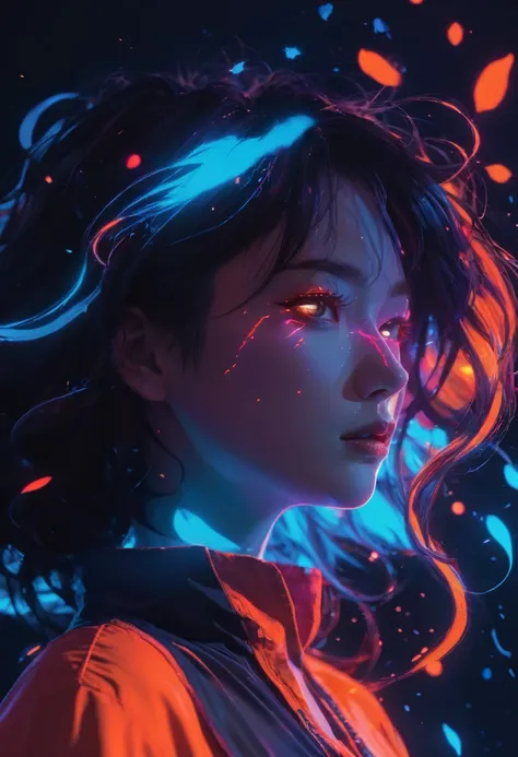 Vaporwave, 2d anime art illustratuon, moxin, ink splatters and bold brush lines, dark silhouette of a woman in a pitch black void, orange rim lighting gradually changing into red room lighting, eyes glowing with cold blue light, rising smoke, fever dream, ...