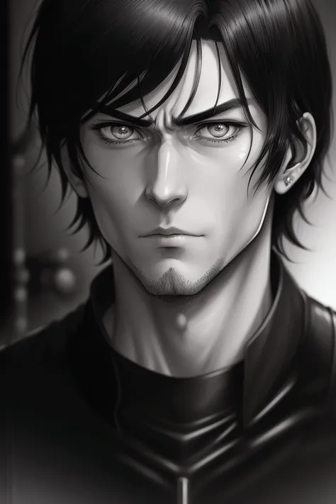 a man with shoulder-length straight black hair (manga drawing) is in the foreground, looking towards the main angle with his mechanical right eye clearly visible and full of details. Around your eye, There is steam coming out as if it were breathing life t...