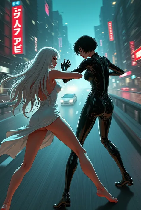 The image is in the anime style of Cowboy Bebop with shadows and dim lights., anime style although somewhat adult and dark, It shows a scene of the roads of a city. In the picture they are fighting an albino with long white hair, who wears a short white dr...