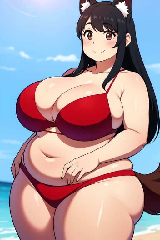 Plump big breasts black hair brown eyes happy longer hair smile blushing deredere red bikini girl dog ear dog tail dog