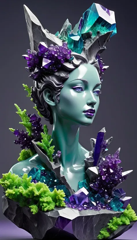 ((exhibit，Still Life Table，Abstract statues，3D Sculpture，amethysts，Surface cracks，Shattered Texture)), bright，Slender neck，Show the darkness of nature.purple and green theme，blue coral. This artwork is presented on a grey background，Emphasize its artistic ...