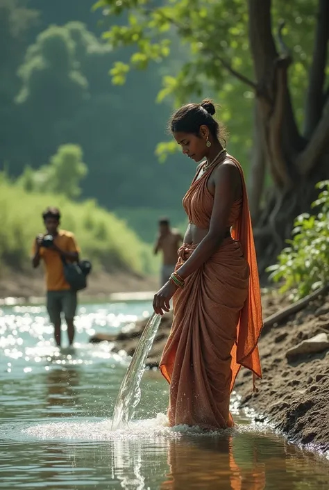 ഒരു ആദിവാസി യുവതി മലയാളി പുഴയിൽ നിന്ന് വെള്ളം എടുക്കുന്നു ദൂരെ നിന്ന് ഒരു യുവാവ് ക്യാമറയിൽ അത് ഫോട്ടോ എടുക്കുന്നു 