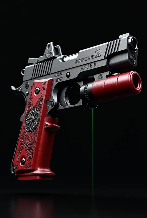 Black and red devil pistol with silencer and laser.