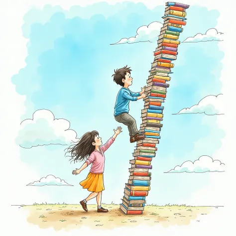 Hand-drawn illustration of a child climbing a ladder made of books. The parent is at the bottom, offering support. The scene is set against a bright, sunny sky, symbolizing progress and growth