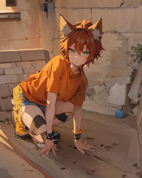 Anime boy, cat boy, cute cat boy, young, orange hair, cat ears, green eyes, tan skin, turn cat into anime cat boy, mullet, spiky anime hair, oversized sweater, femboy, short shorts, desert, booty shorts, blue jean shorts, 