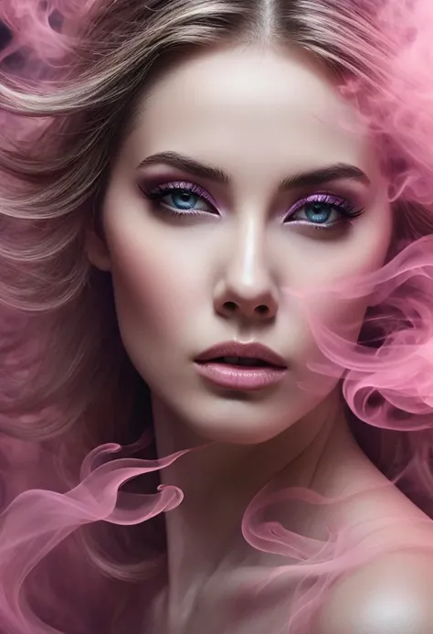 A majestic work of art, a  woman, intricately detailed, with an intense, piercing gaze emanating from her singular, striking eye, set against a backdrop of ethereal, swirling pink smoke that appears to shift and undulate as if alive, illuminated by a cinem...