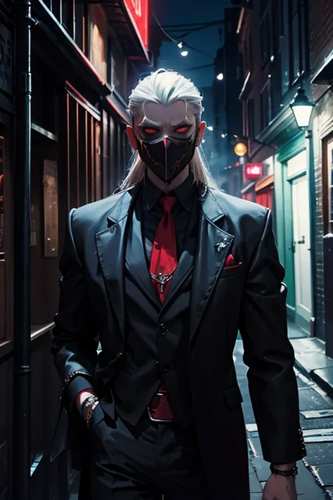 a vampire wearing a mask in a London alley at night in a dark fantasy style