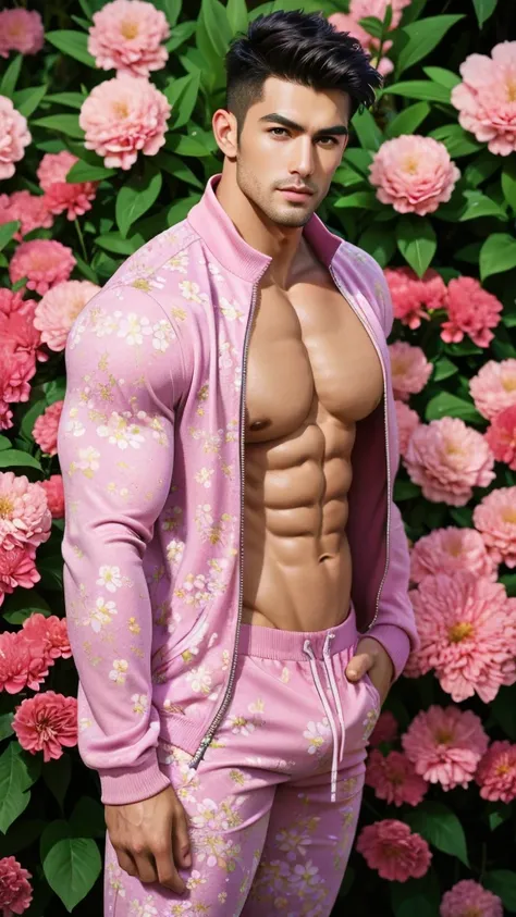 (absurdres, highres, ultra detailed, Ultra HD), ((tall handsome muscular man with a strong physique, solo, male model modern clothing, Full length portrait: 1.5, wearing a flowers patterned zip-up jumpsuit that is unzipped revealing his chest and abs, bulg...